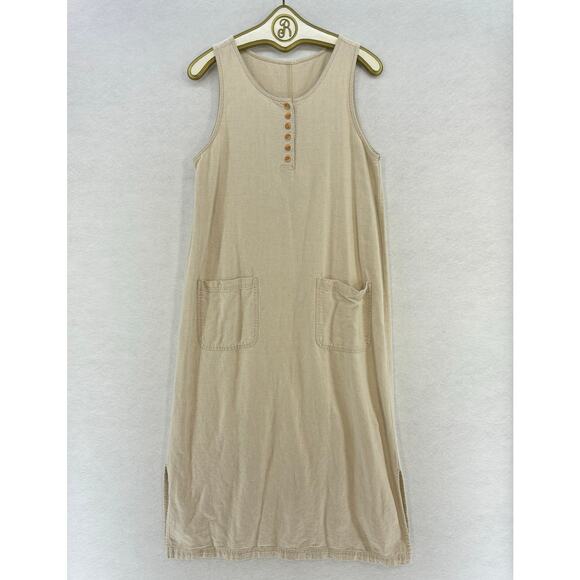 90s Vintage Khaki Maxi Dress Women LARGE Button Casual Pockets Boho Summer - Picture 1 of 11